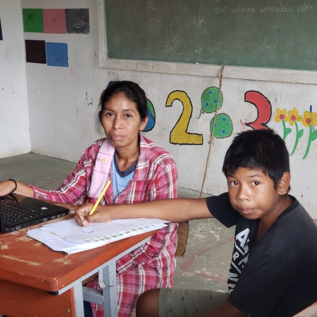 docente y alumno compartiendo clase con el uso de la computadora.